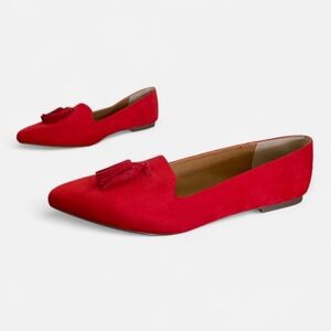 J. Crew Red Faux Suede slip on Tassel pointed toe Flats 10 Preppy work office